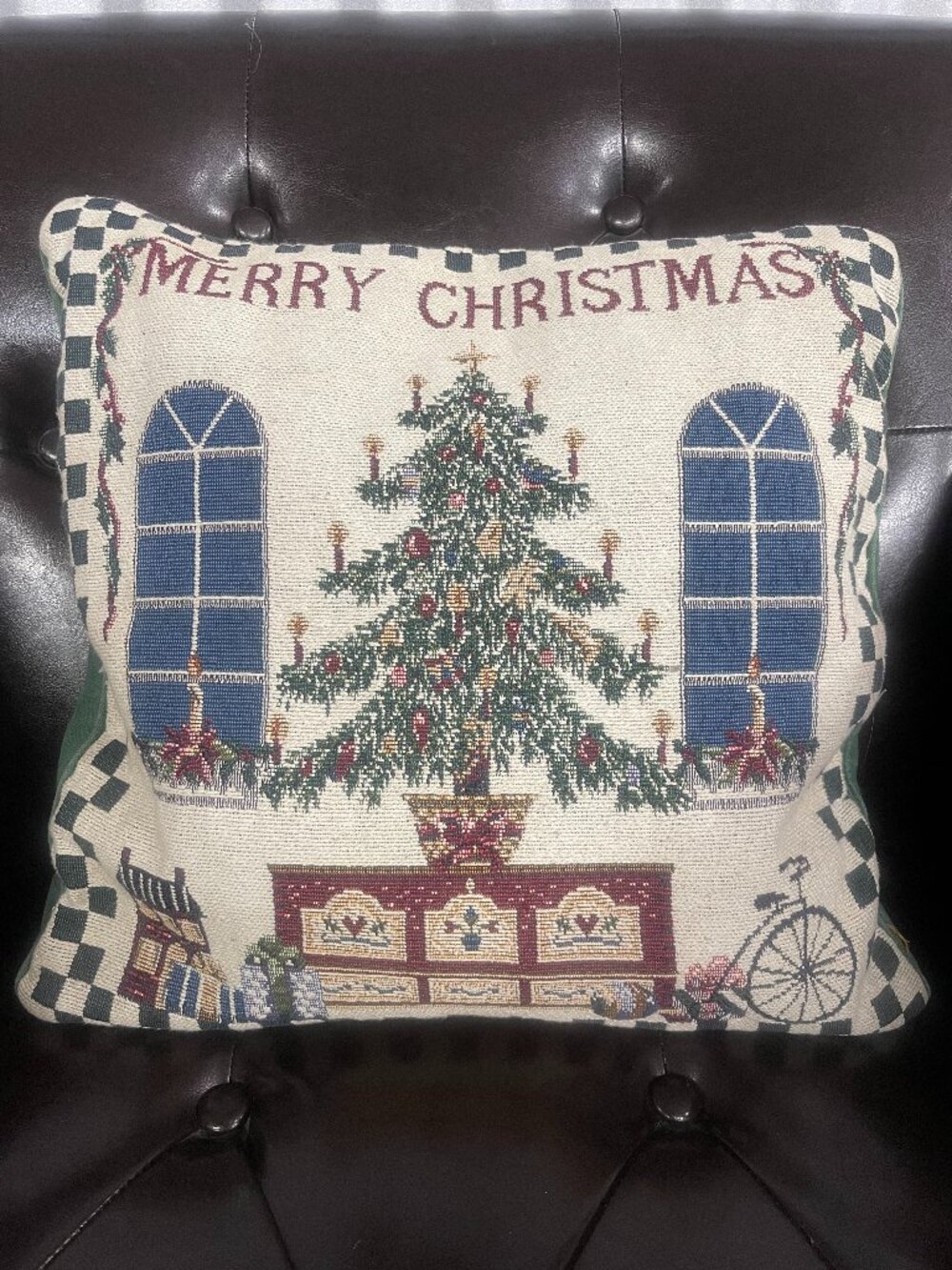 Vintage Christmas Tapestry Throw Pillow 13x13 Holiday Tree